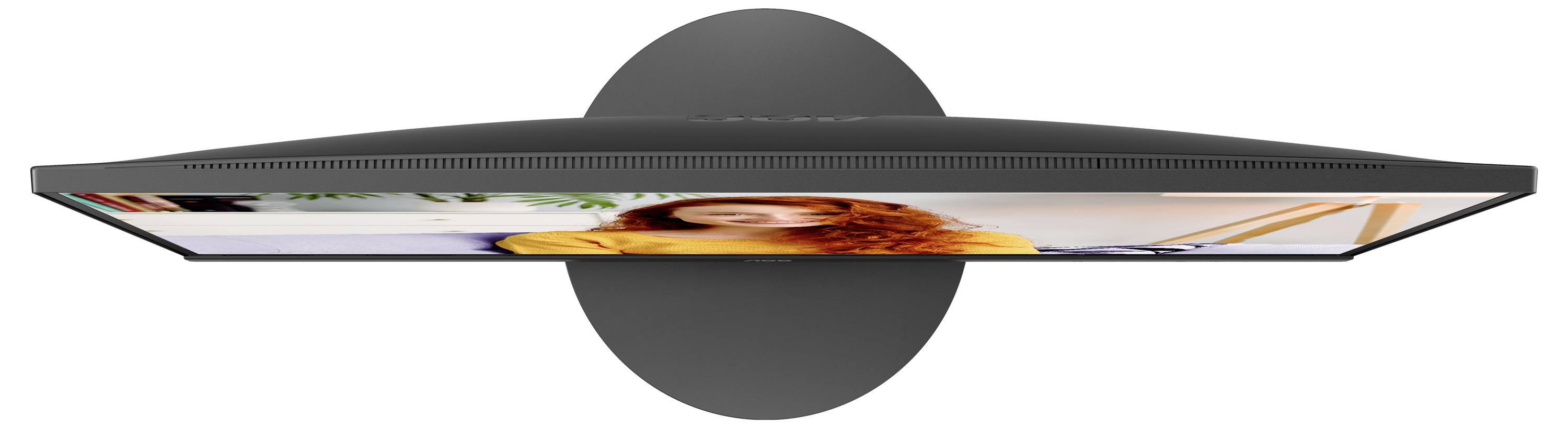 Ansicht eines flachen, schwarzes Computer Monitors von oben. Bildschirm zeigt eine Person.