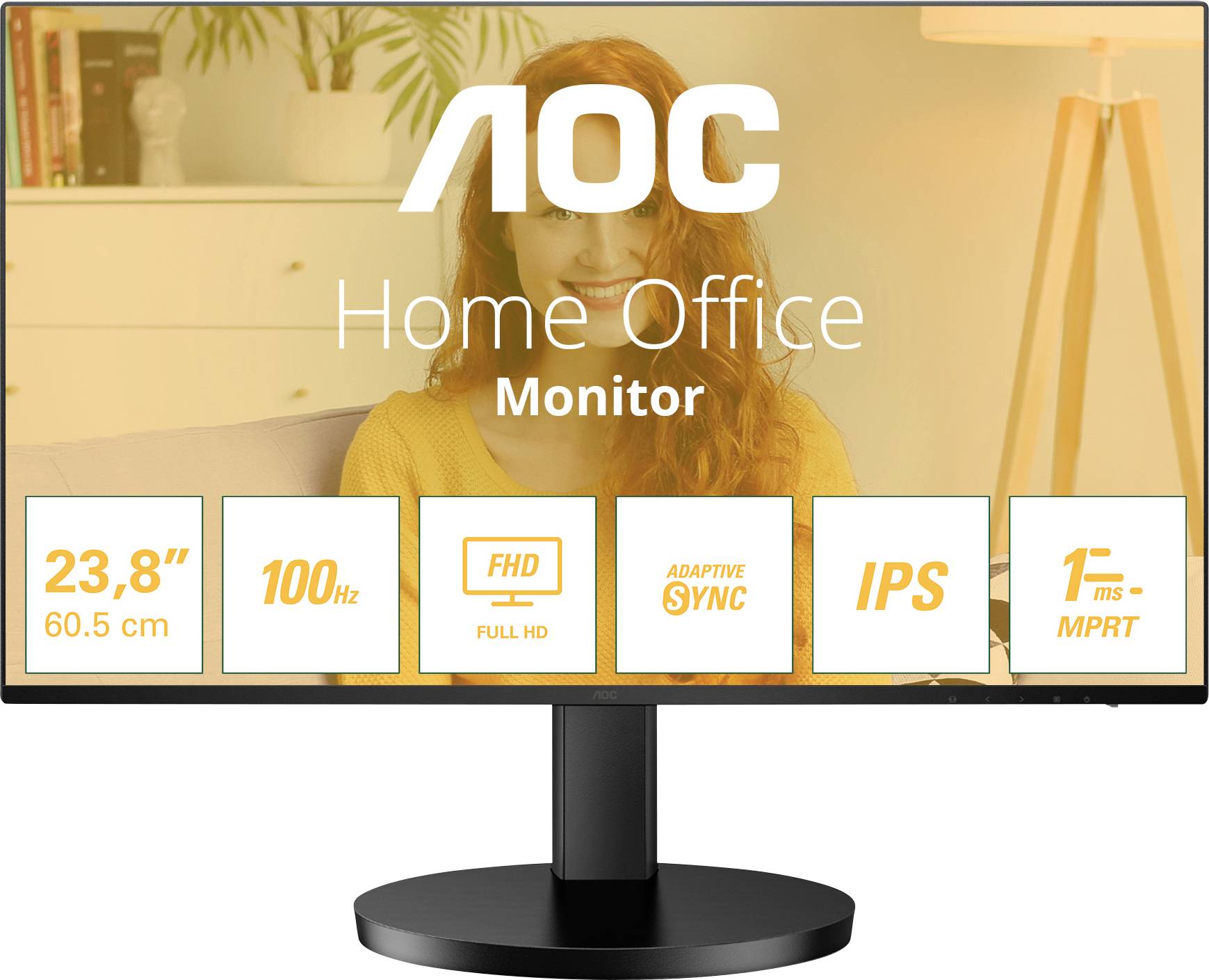 'AOC Home Office Monitor' mit 23,8 Zoll, 100 Hz, Full HD, Adaptive Sync, IPS, 1 ms MPRT, mit Bild einer Frau im Hintergrund.