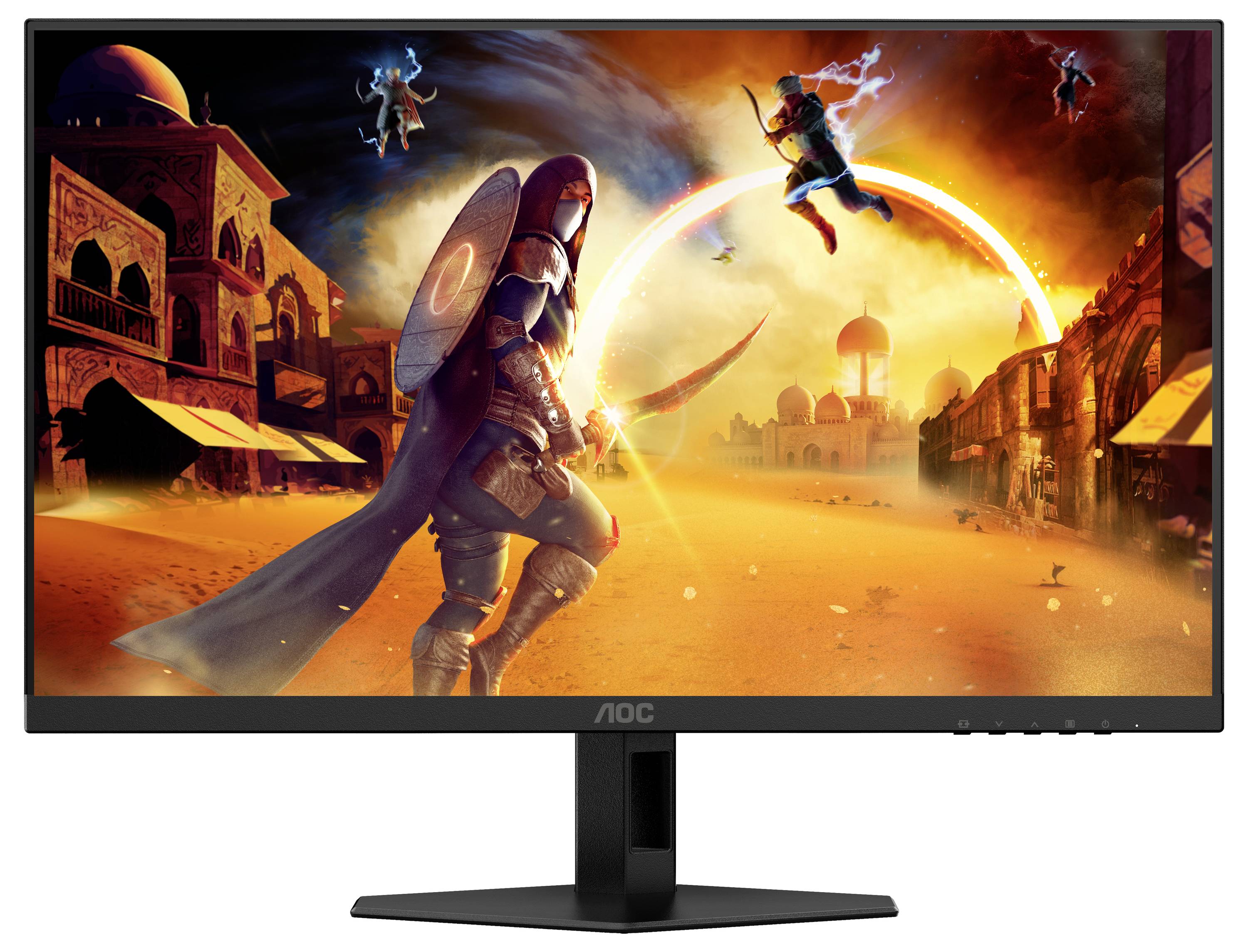 Ein Krieger in einem Wüstenstadt-Szenario auf einem Computerbildschirm. Fantasiefiguren kämpfen unter einem leuchtenden Sonnenuntergang.