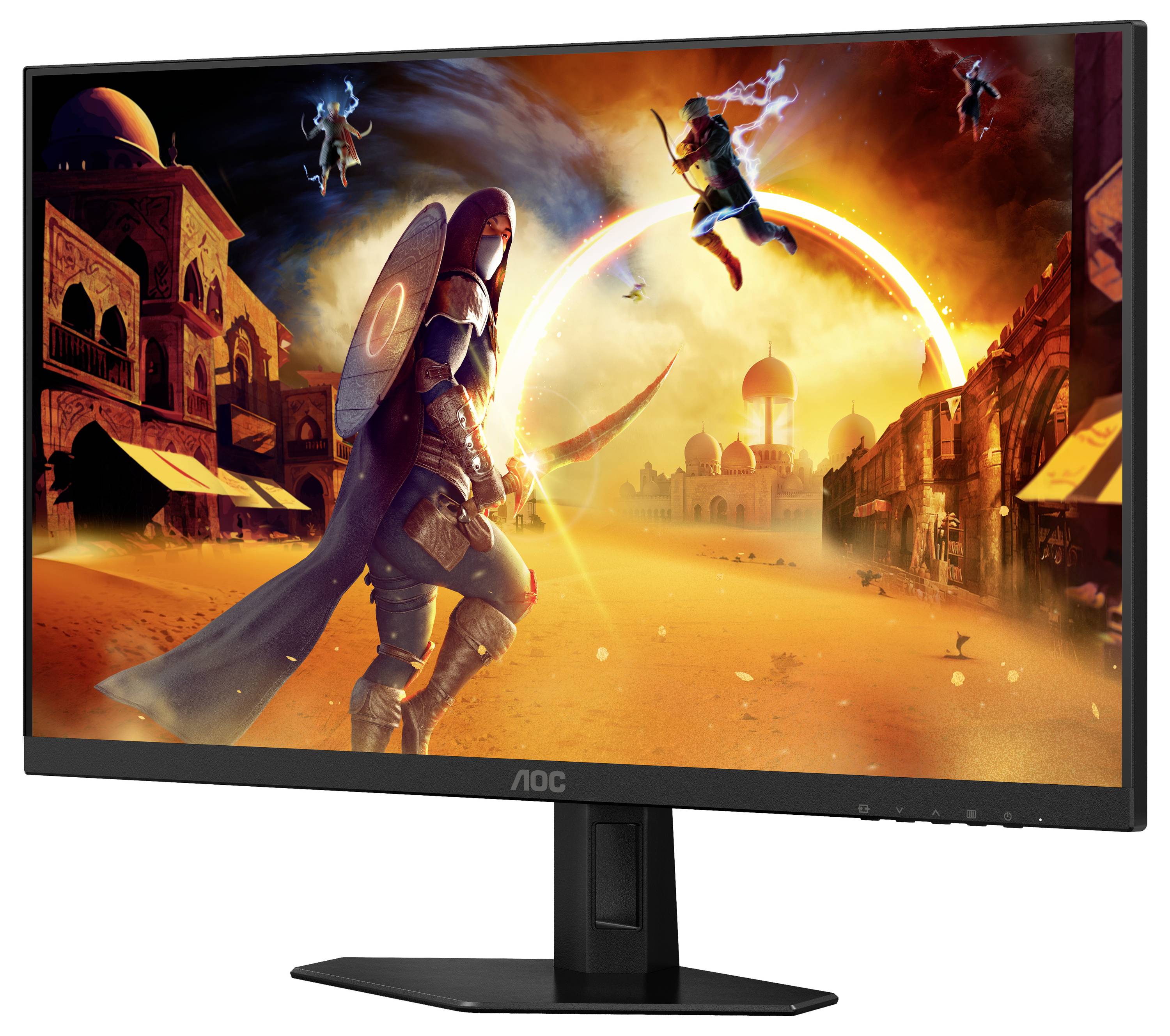 Ein Computermonitor zeigt ein farbenfrohes Sci-Fi-Spiel mit einem Krieger und Fantasiewesen in einer Wüstenstadt im Hintergrund.