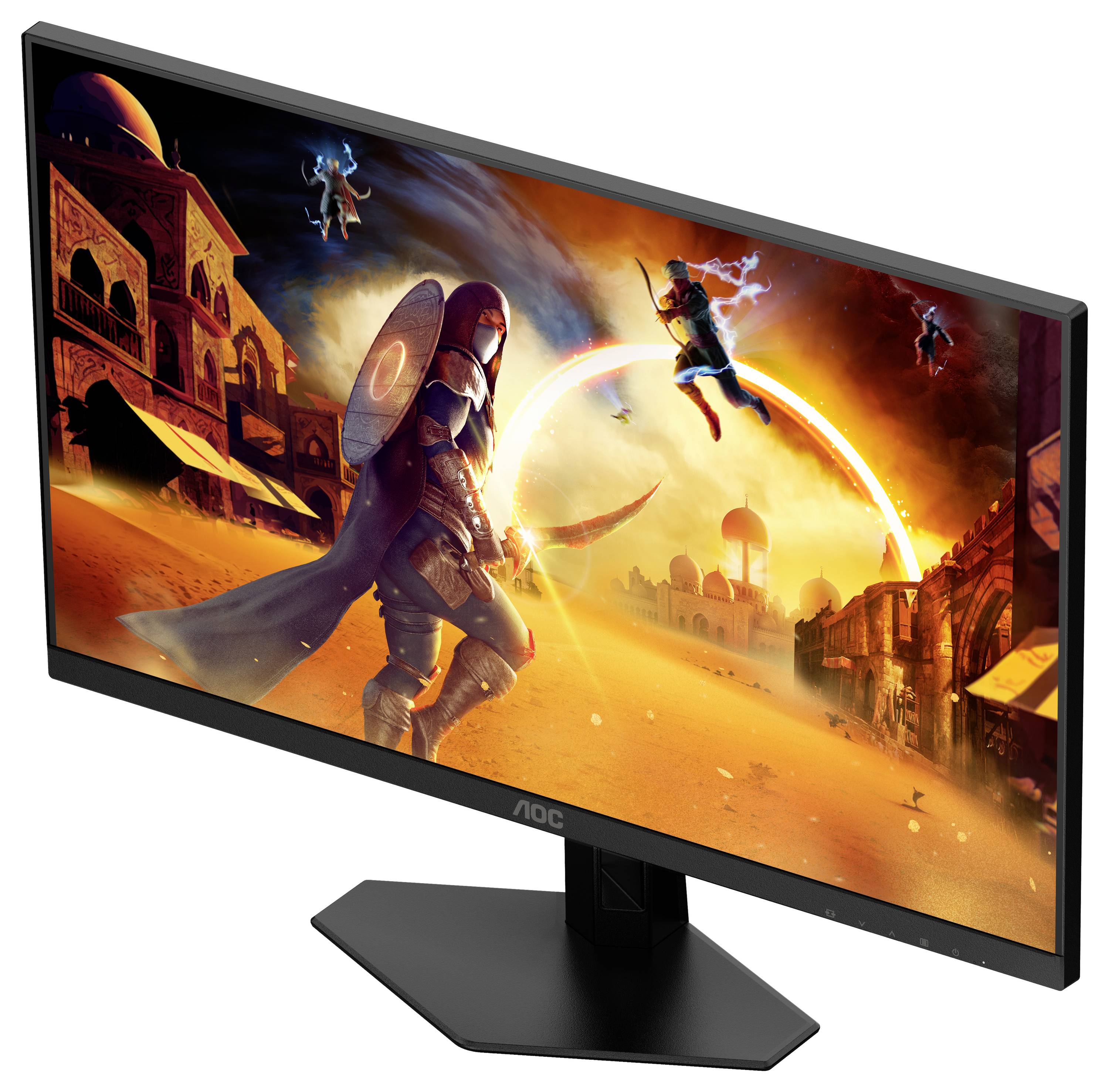 Ein Monitor zeigt ein lebhaftes Videospiel mit zwei kämpfenden Figuren vor einer fantasievollen orientalischen Kulisse.