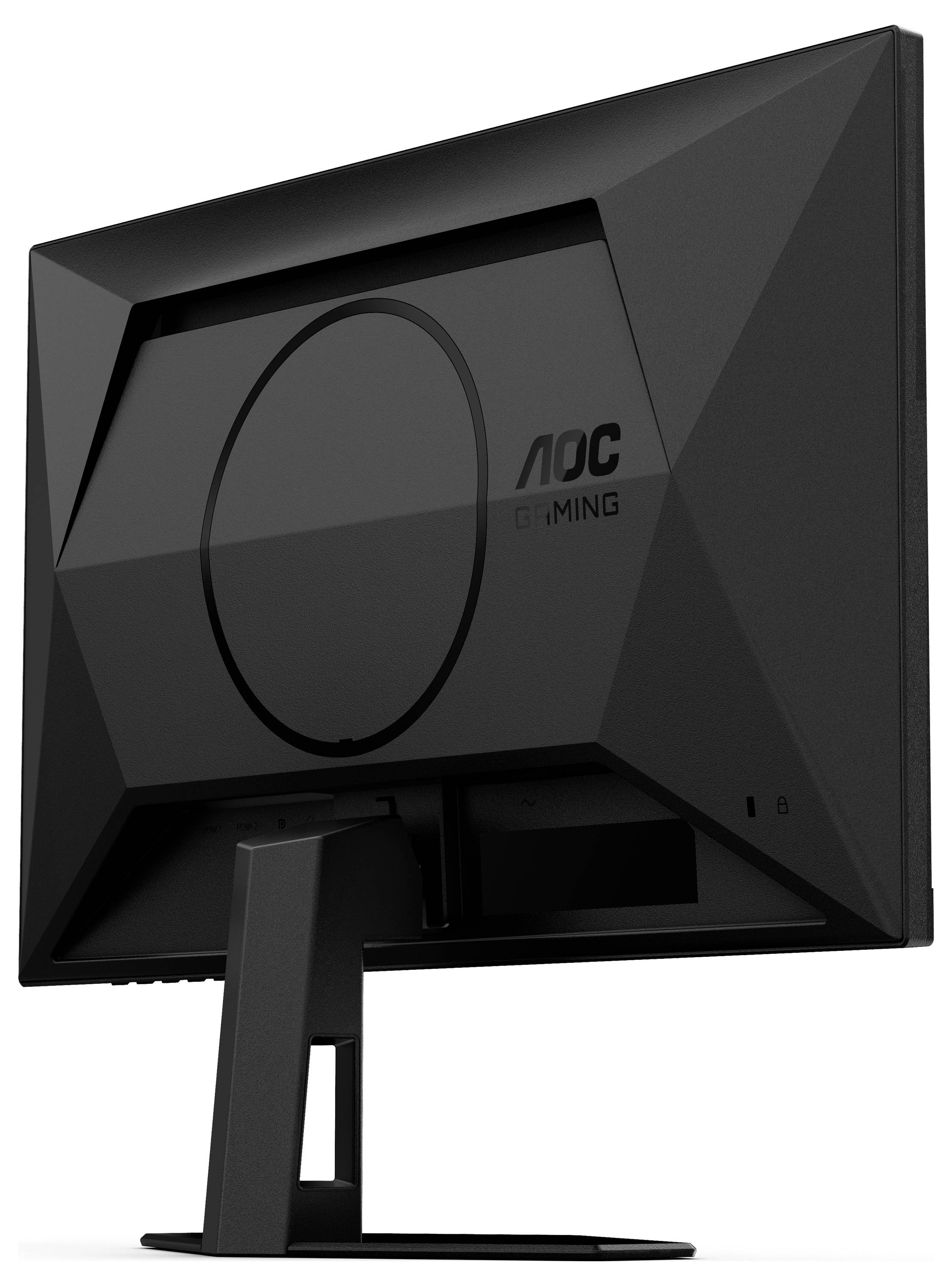 Ein schwarzer Gaming-Monitor von AOC, Rückansicht mit geometrischem Design und stabilem Standfuß.