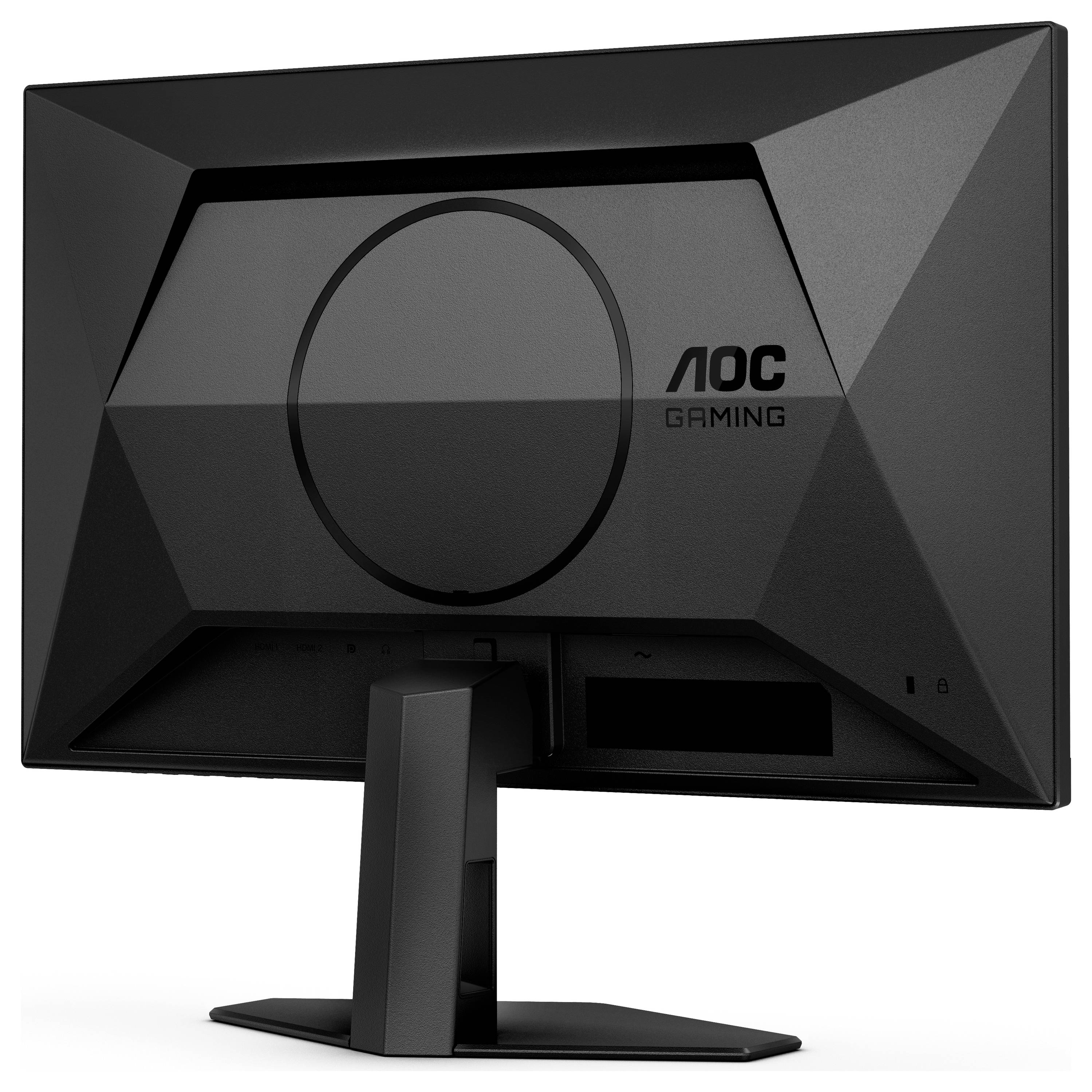 Ein schwarzer AOC Gaming-Monitor ist von hinten zu sehen. Er hat ein geometrisches Design mit einem kreisförmigen Detail in der Mitte.