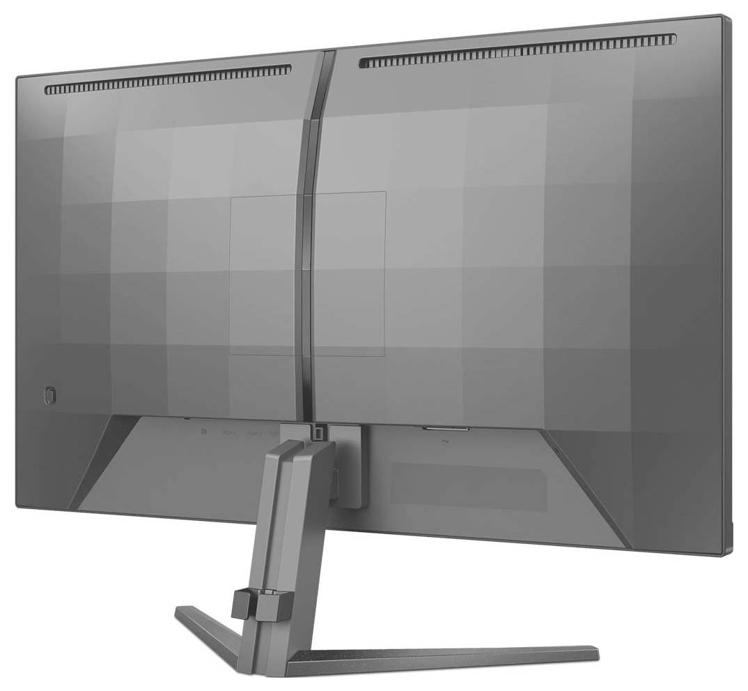 Grauer Computermonitor von hinten, mit modernem, schmalem Design und rechteckigem Standfuß.