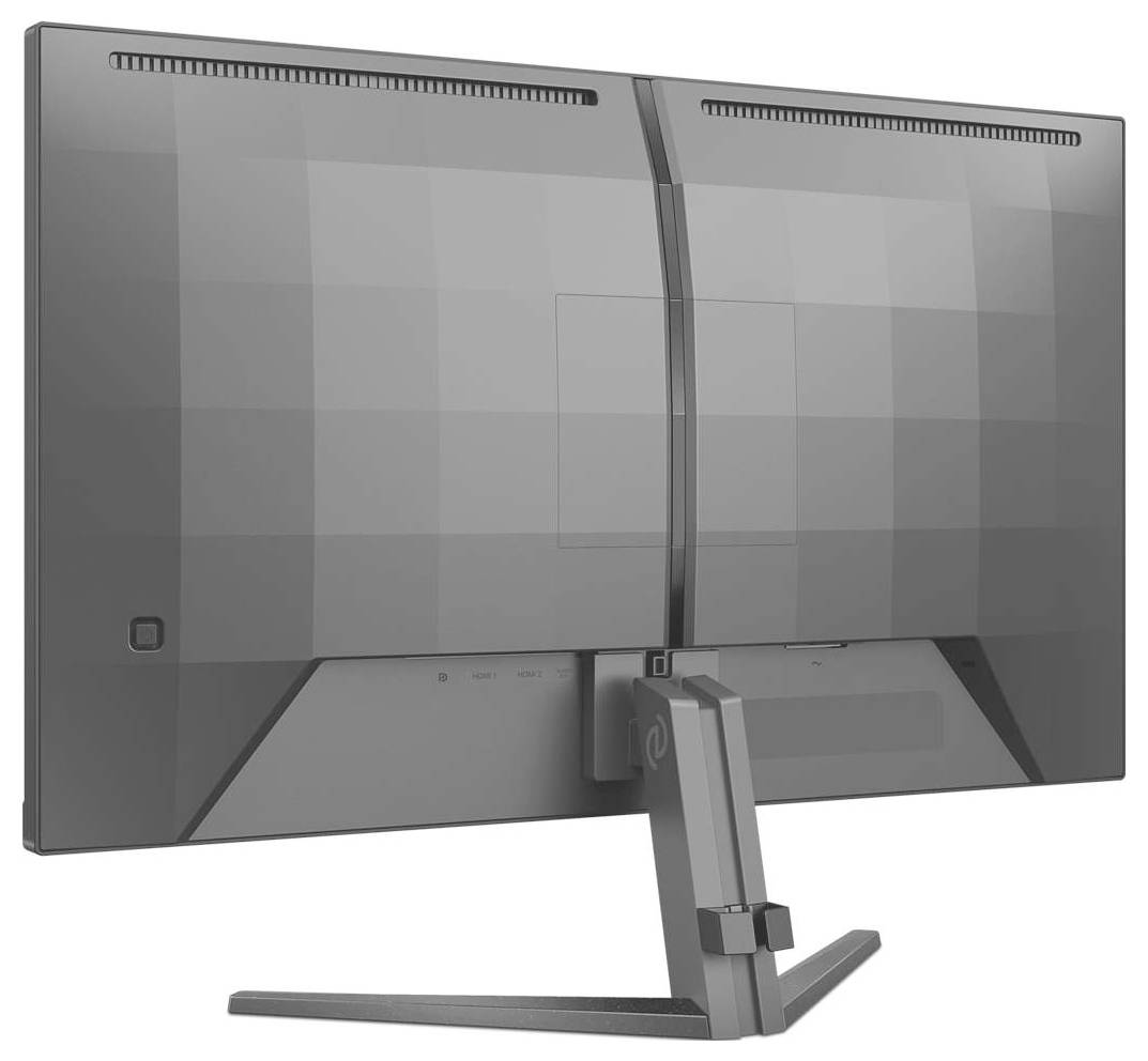 Ein moderner, stilvoller Computermonitor in Grau mit schmalem Rahmen und robustem Standfuß, von der Rückseite gesehen.