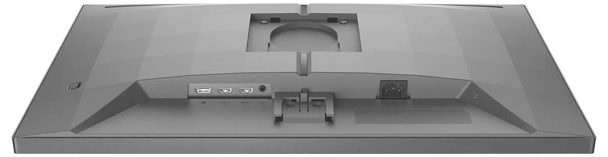 Rückansicht eines Computermonitors mit Anschlüssen für HDMI, DisplayPort und Stromkabel.
