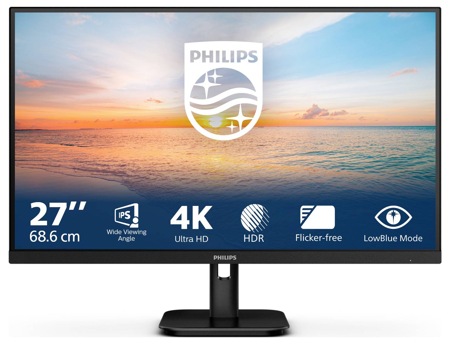 Ein 27-Zoll-4K-Monitor von Philips zeigt ein Sonnenuntergangsbild über dem Meer. Die Symbole betonen Ultra HD, HDR, blickwinkelstabil und flickerfrei.