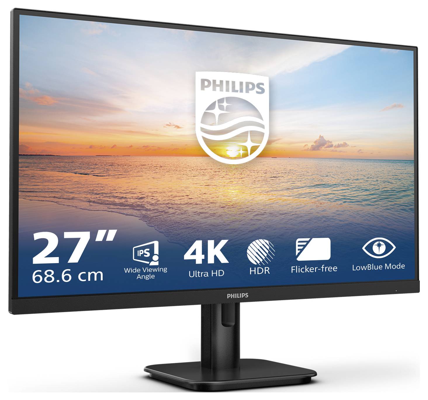 Ein 27-Zoll Philips-Monitor zeigt ein farbenfrohes Meeresbild bei Sonnenuntergang. Symbole darunter zeigen 4K, IPS, HDR, flimmerfrei.