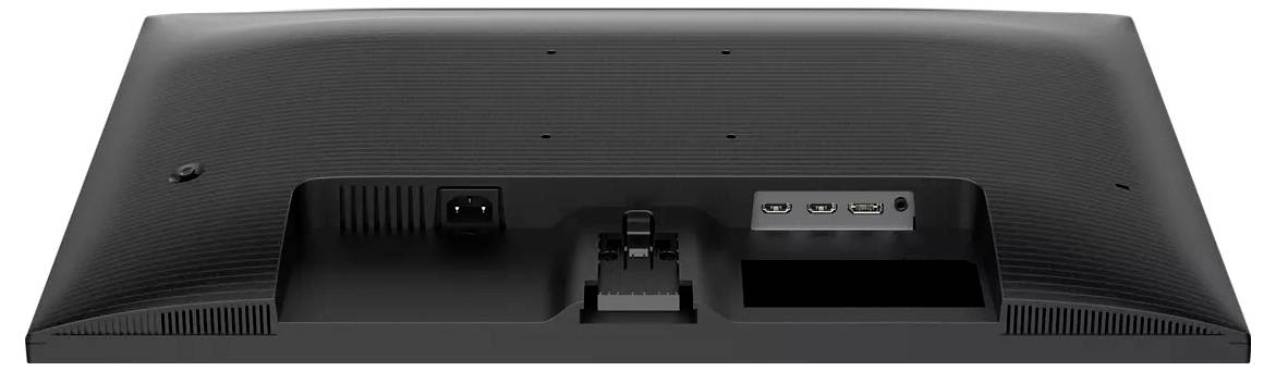 Rückseite eines Monitors mit Anschlüssen: Stromanschluss, HDMI, und USB-Ports.