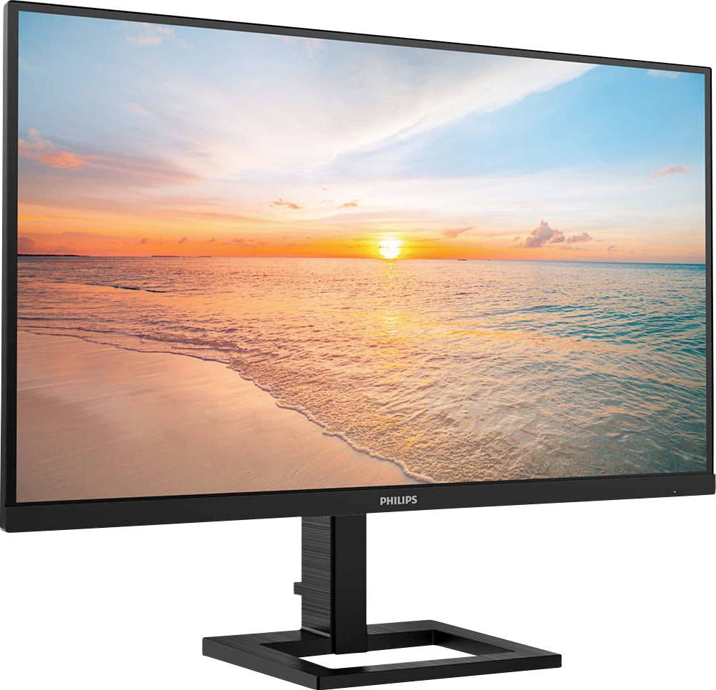 Monitor mit einem Strand-Sonnenuntergang als Hintergrundbild; zeigt Meer und Himmel in warmen Farbtönen.
