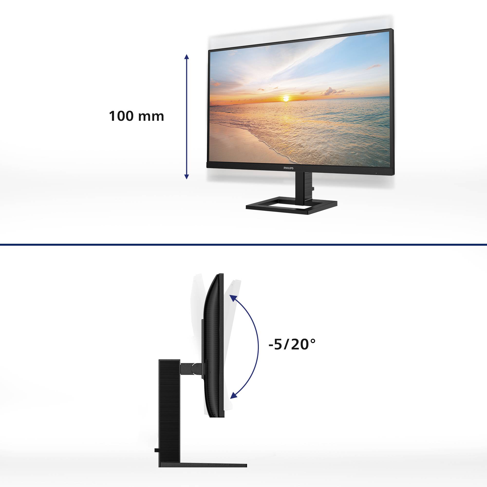 Ein Computerbildschirm zeigt einen Sonnenuntergang am Meer. Die Einstellungsmöglichkeiten des Monitors beinhalten eine Höhenverstellung um 100 mm und eine Neigung von -5 bis 20 Grad.