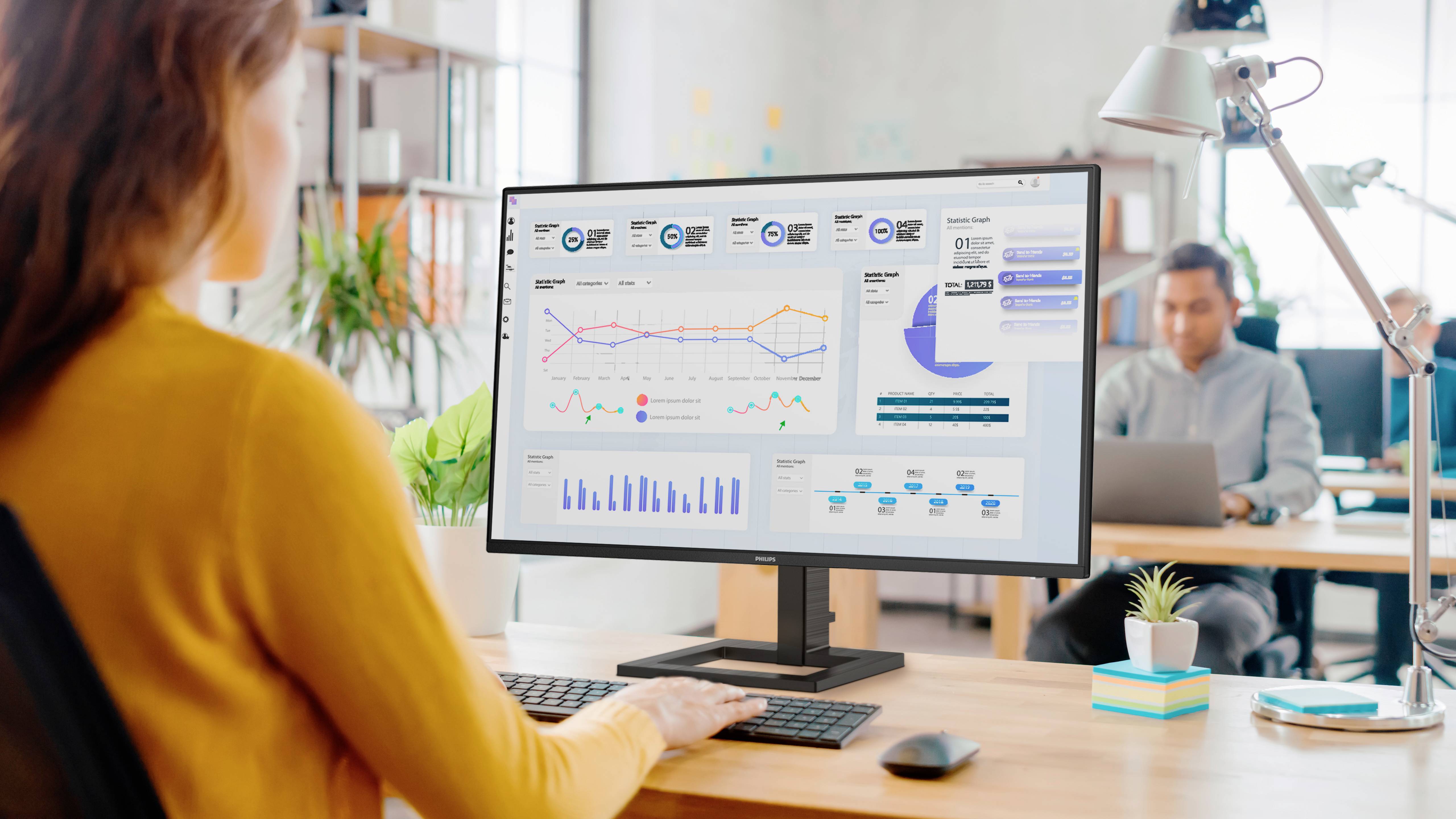 Eine Frau sitzt am Schreibtisch und schaut auf einen Monitor mit verschiedenen Diagrammen und Grafiken, die Datenvisualisierungen anzeigen.