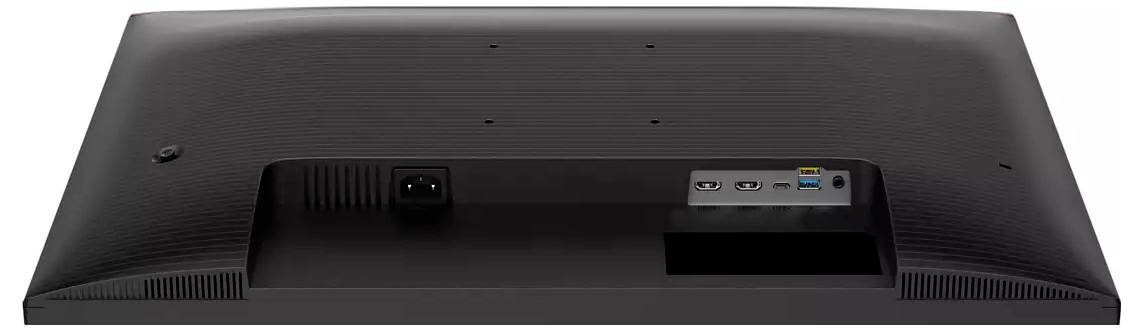 Rückansicht eines Computermonitors, zeigt Anschlüsse: Strom, zwei HDMI-Ports, DisplayPort und USB-Ports. Schwarzes Gehäuse.