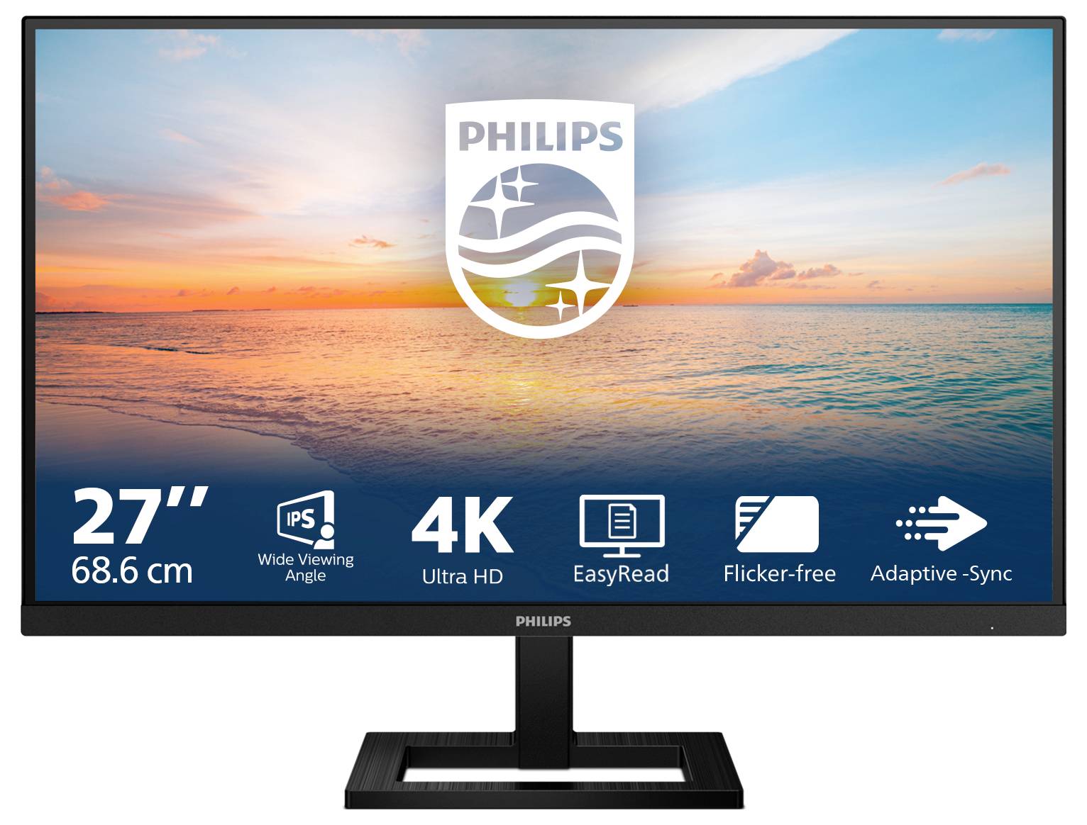 Ein 27-Zoll Philips-Monitor mit 4K-Auflösung zeigt ein Bild vom Meer bei Sonnenuntergang. Funktionen: IPS, EasyRead, flimmerfrei, Adaptive-Sync.