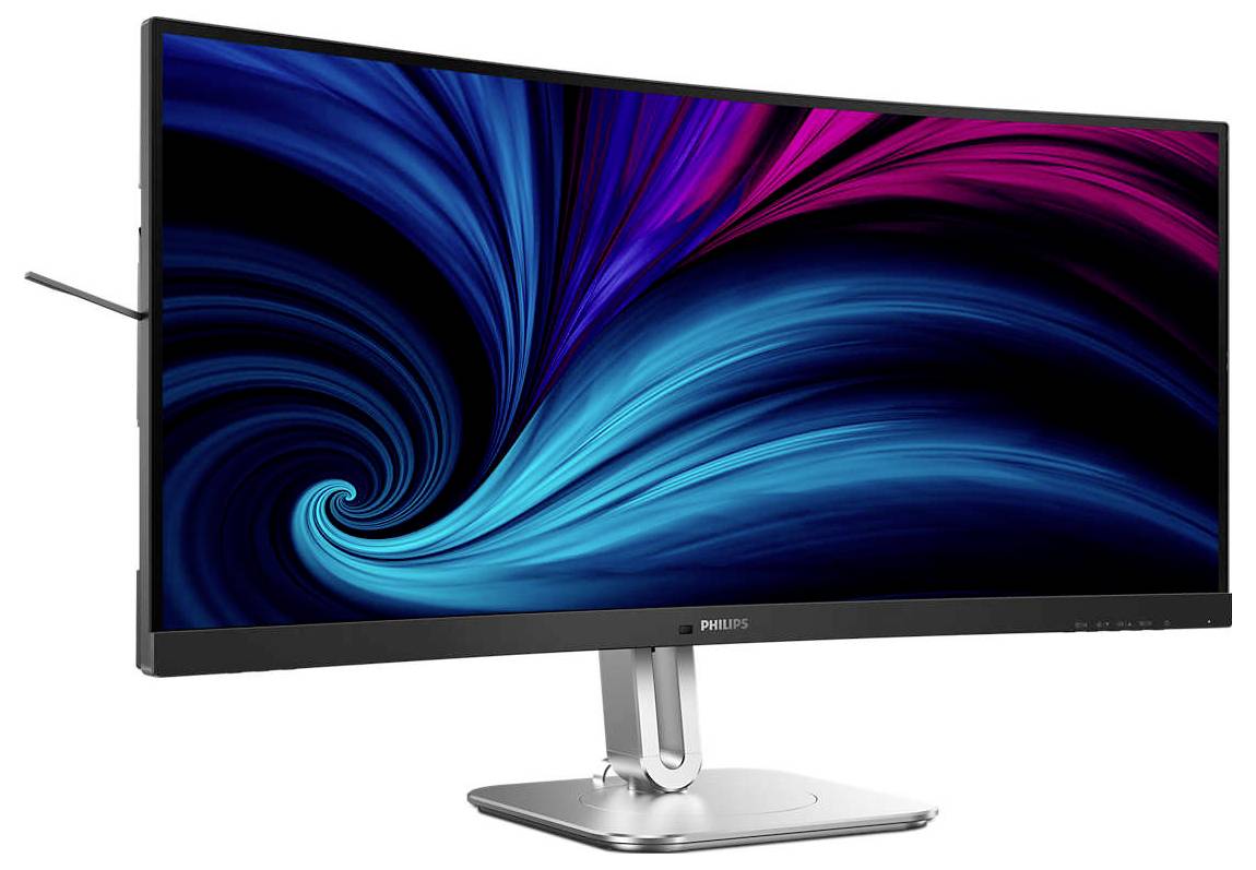 Ein gebogener Monitor zeigt ein abstraktes Bild in Blau- und Pinktönen. Der Bildschirm steht auf einem silbernen Fuß.