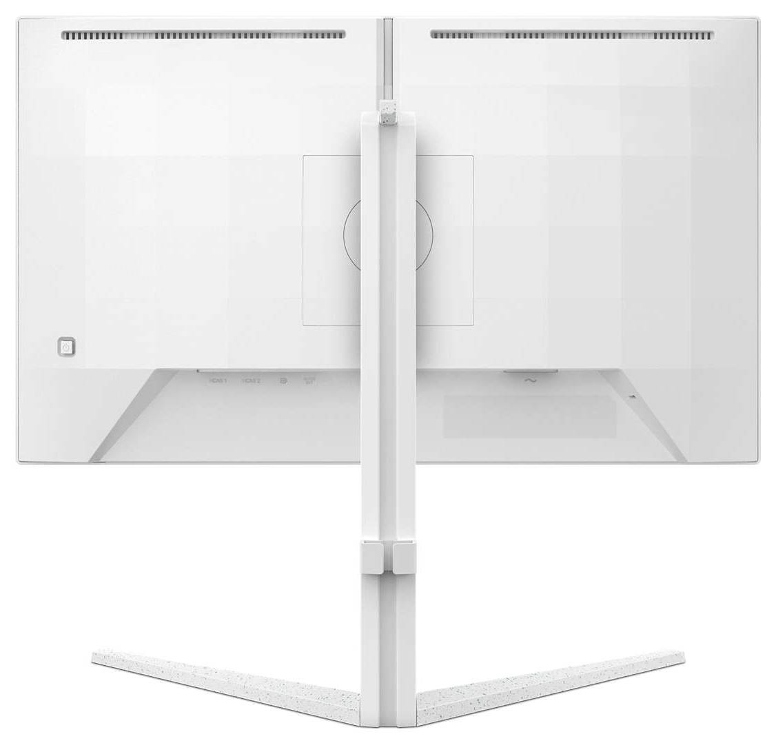 Ein weißer Computermonitor von hinten, mit einem schmalen Standfuß in der Mitte, der den Bildschirm stützt.