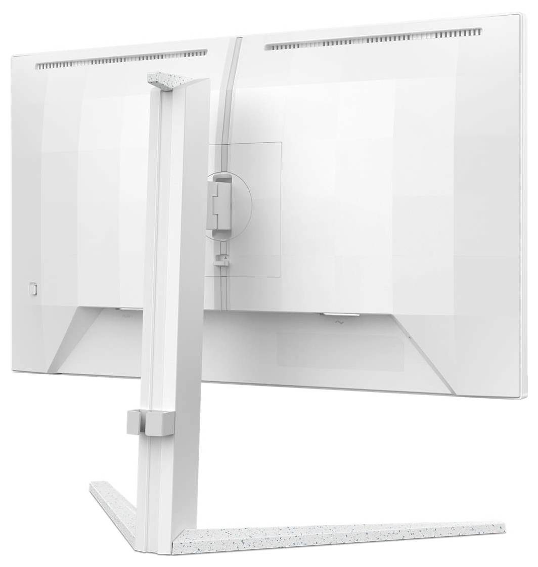 Ein weißer Computermonitor mit modernem, minimalistischem Design, zeigt die Rückseite mit einem eleganten, stabilen Standfuß aus Kunststoff.
