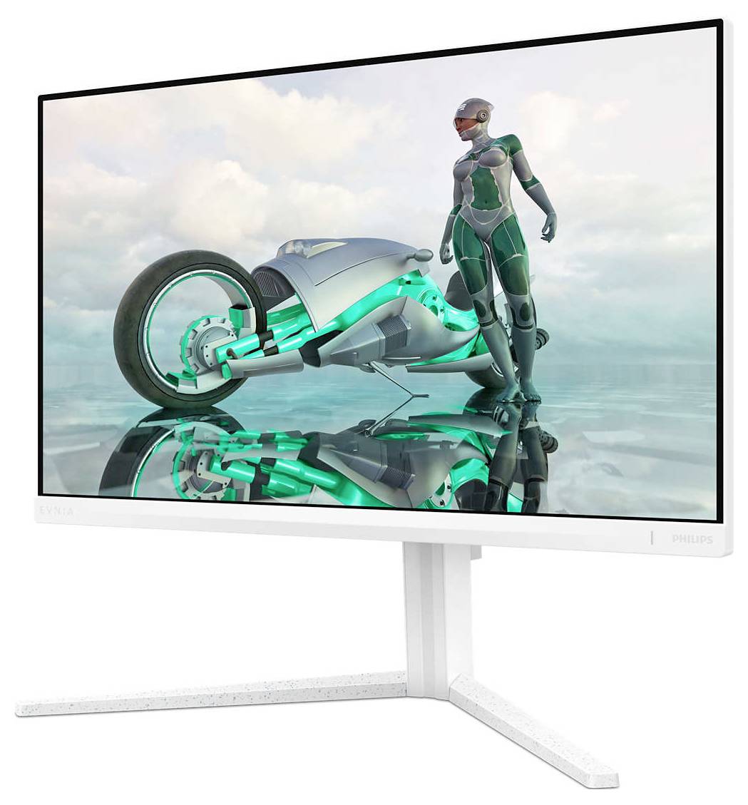 Monitor mit zukunftsweisendem Design zeigt ein 3D-Bild einer futuristischen Szene: Cyborg vor einem futuristischen Motorrad.