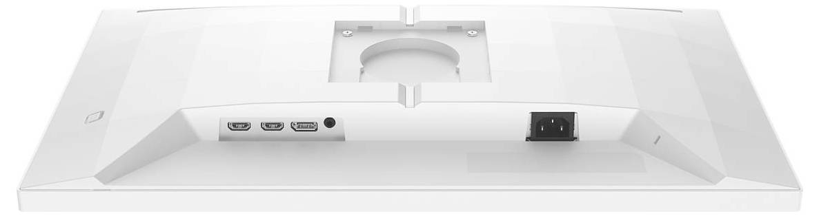 Weiße Rückseite eines Monitors mit HDMI-, DisplayPort- und Stromanschluss.