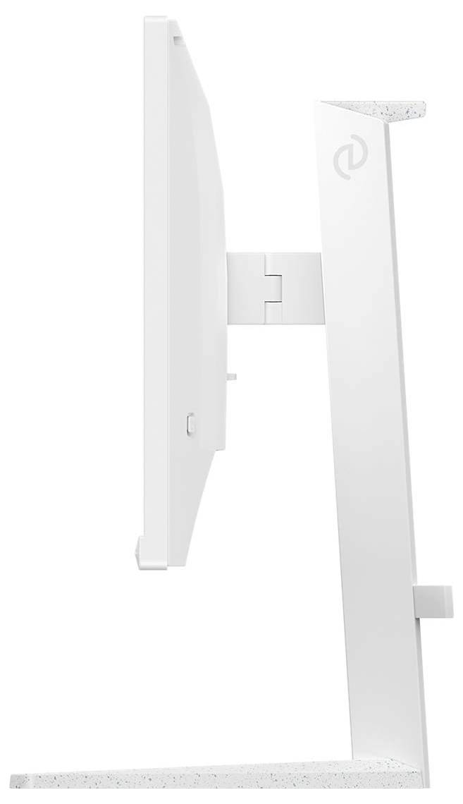 Seitenansicht eines modernen weißen Computermonitors auf einem Standfuß, der schlankes Design und Verstellbarkeit zeigt.