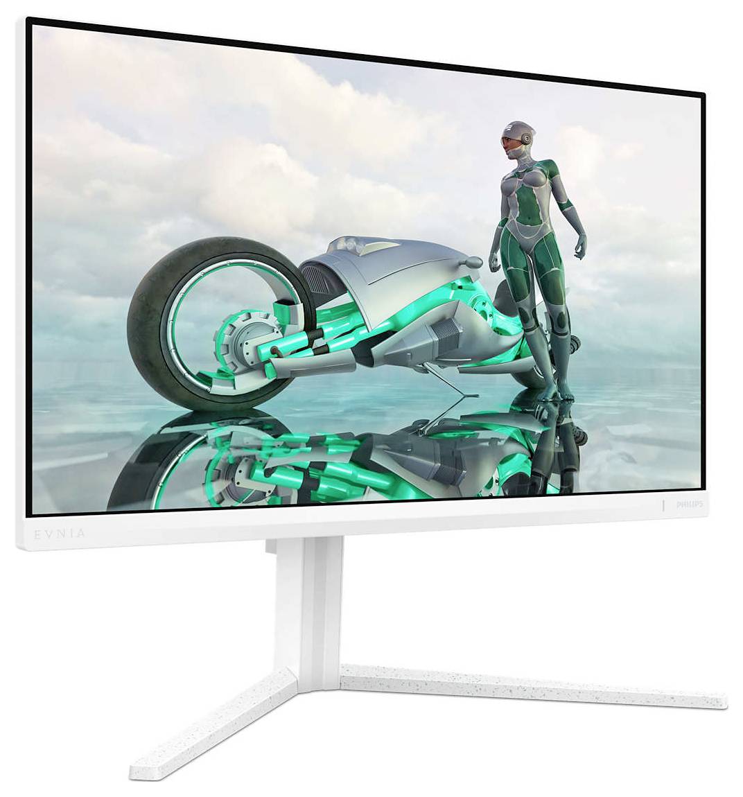 Ein futuristischer Monitor zeigt einen Roboter-ähnlichen Charakter neben einem hochtechnologischen Motorrad auf einer spiegelnden Oberfläche.