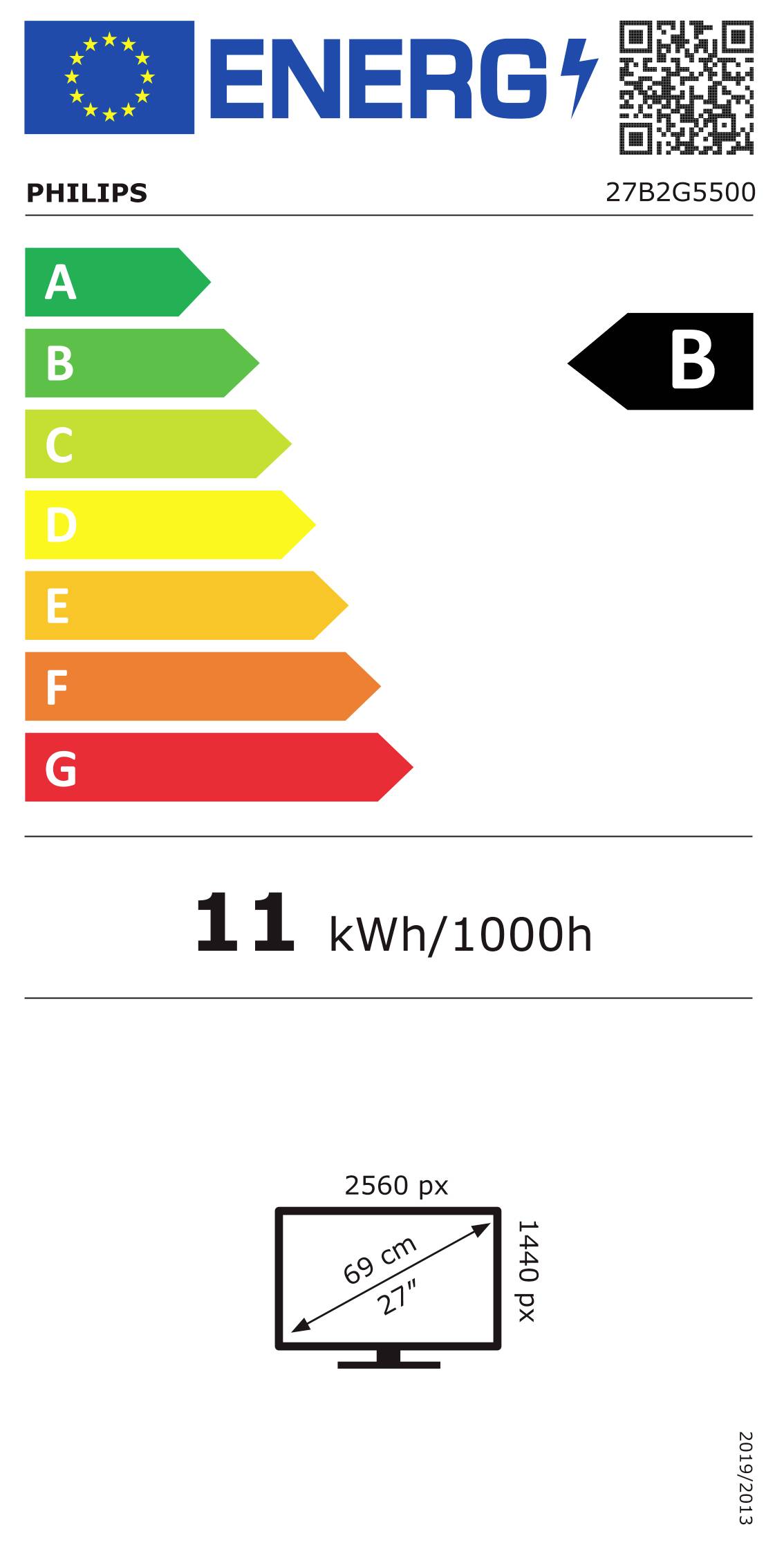 Energieeffizienz-Label für PHILIPS Monitor, Modell 27B2G5500, Klasse B. Verbrauch: 11 kWh/1000h. Displaygröße: 69 cm / 27 Zoll.