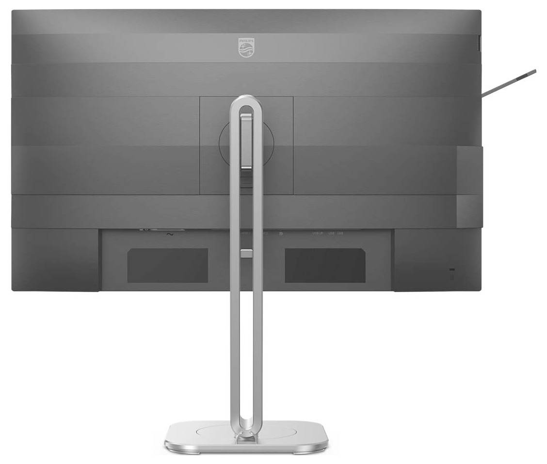 Hinteransicht eines modernen Computermonitors mit schlankem Standfuß und einem erkennbaren Markenlogo oben in der Mitte.