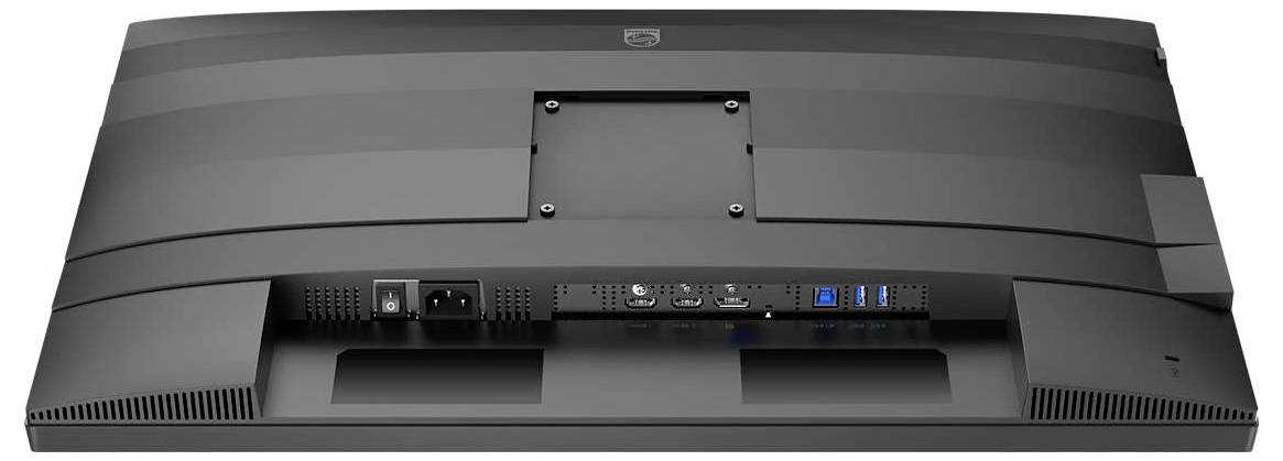 Rückansicht eines Computermonitors mit Anschlüssen in der Mitte, darunter Stromversorgung, HDMI, USB-Anschlüsse und Lüftungsschlitze.