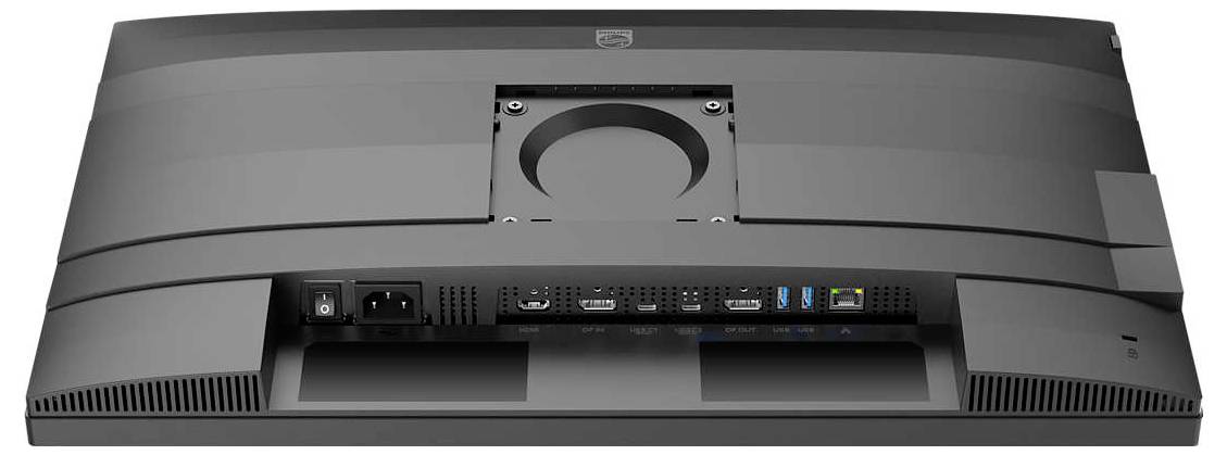 Rückseite eines Computermonitors mit mehreren Anschlussarten, einschließlich HDMI, DisplayPort und USB-Anschlüsse.