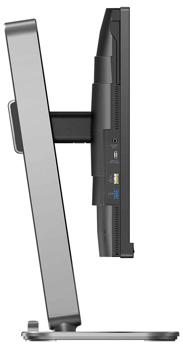 Seitenansicht eines flachen Computermonitors auf einem schwenkbaren Standfuß, zeigt Anschlüsse für Audiokabel und USB.