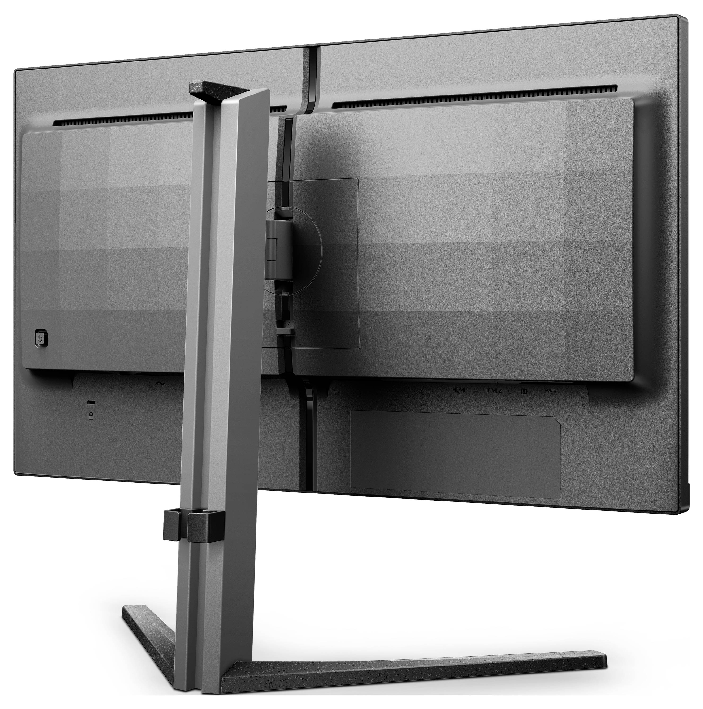Rückansicht eines modernen Computermonitors auf einem Standfuß, das Design zeigt klare Linien und ein schlankes Profil.