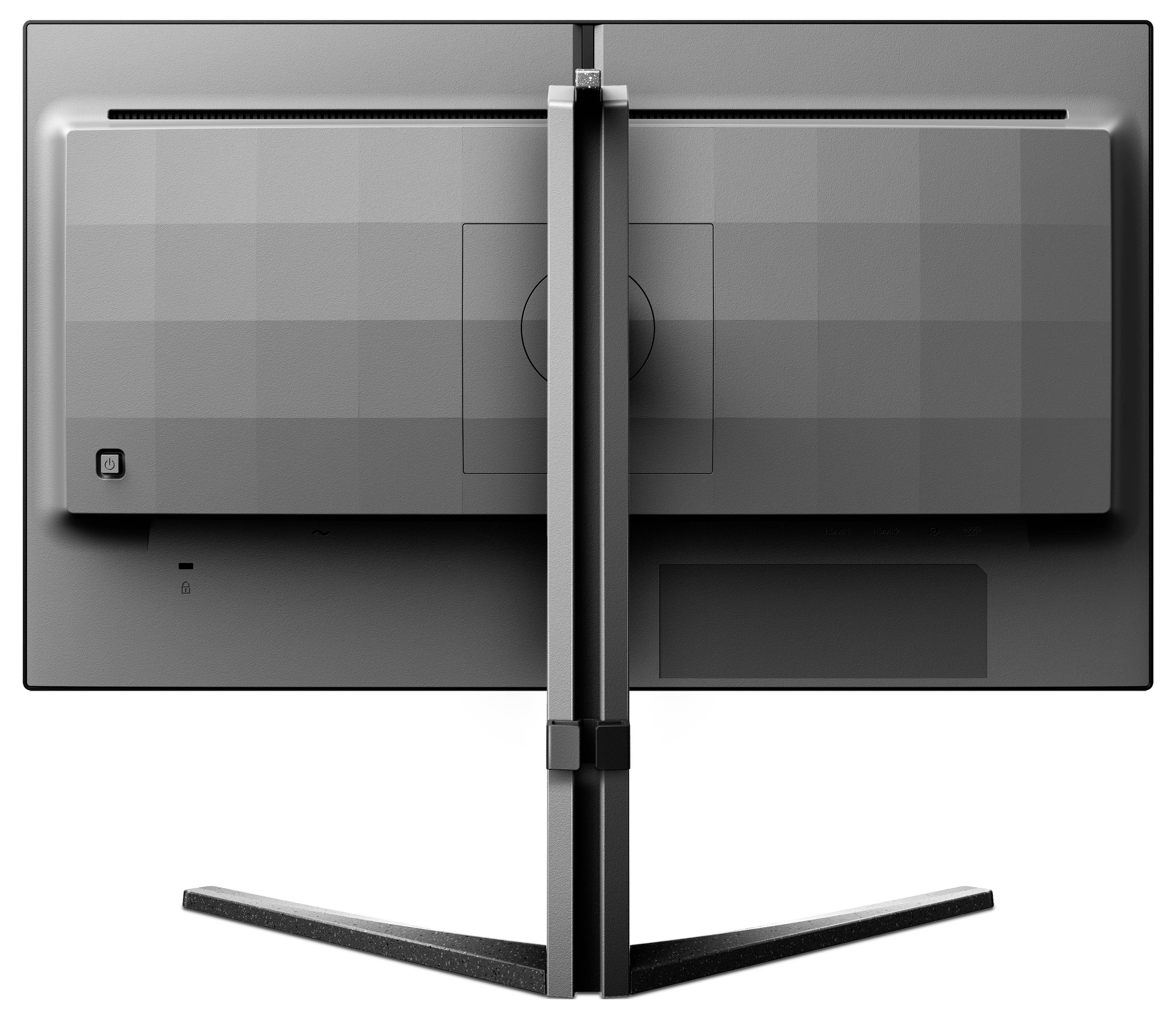 Rückansicht eines Flachbildmonitors mit schlankem, minimalistischem Design, gezeigt auf einem V-förmigen Standfuß.