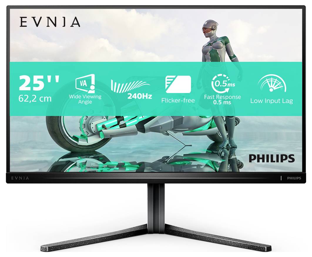 Philips Monitor mit 25 Zoll. Hauptmerkmale: Weitwinkel, 240Hz, flimmerfrei, schnelle Reaktionszeit 0,5ms, niedrige Eingabeverzögerung.