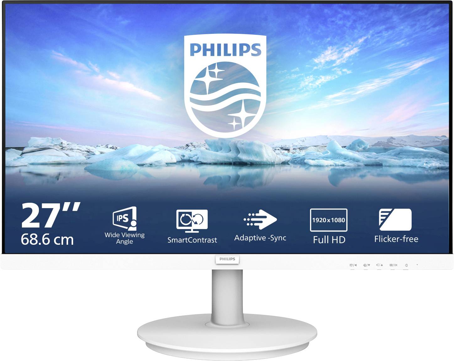 Ein Computerbildschirm der Marke Philips zeigt eine Landschaft aus Eis und Wasser. Unten sind Symbole zu Eigenschaften wie 27