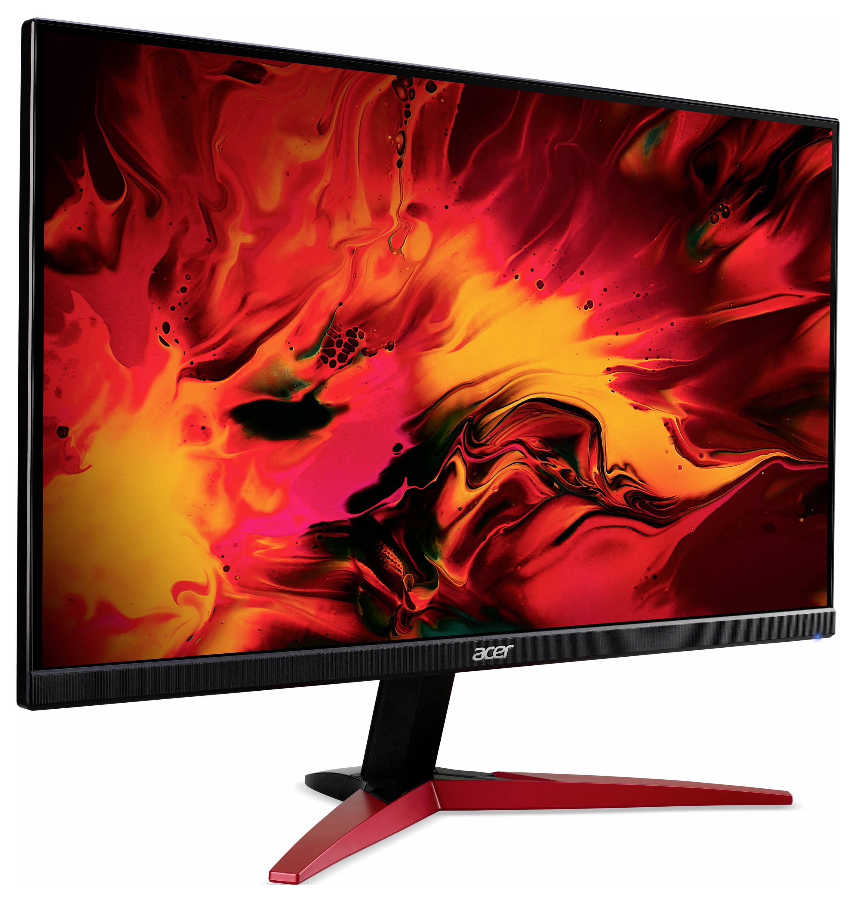 Ein Computermonitor mit einem lebhaften, abstrakten roten und gelben Hintergrundmuster, das an Feuer erinnert.