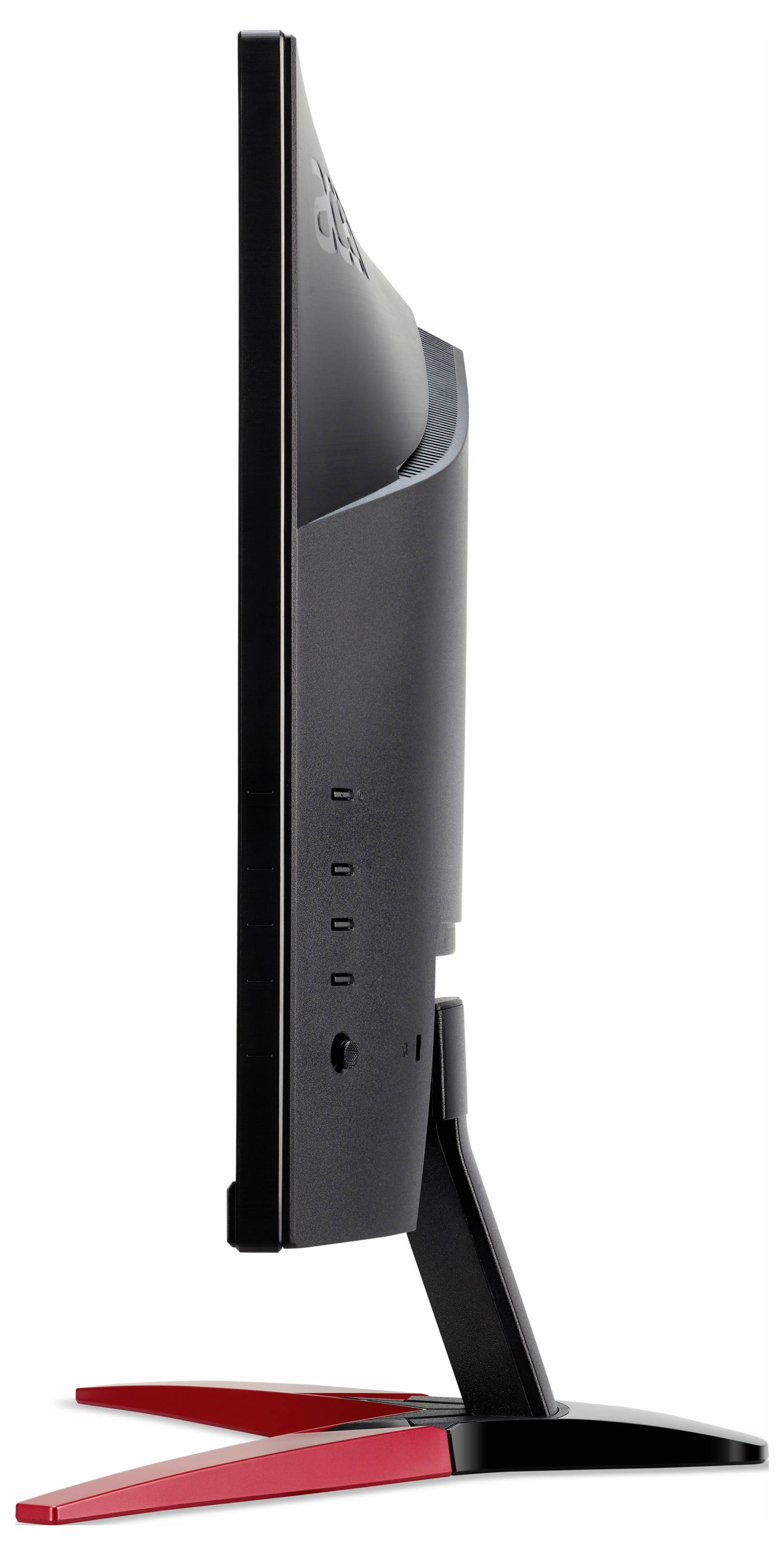 Seitenansicht eines schlanken Computermonitors mit schwarzem Rahmen und rotem Standfuß.
