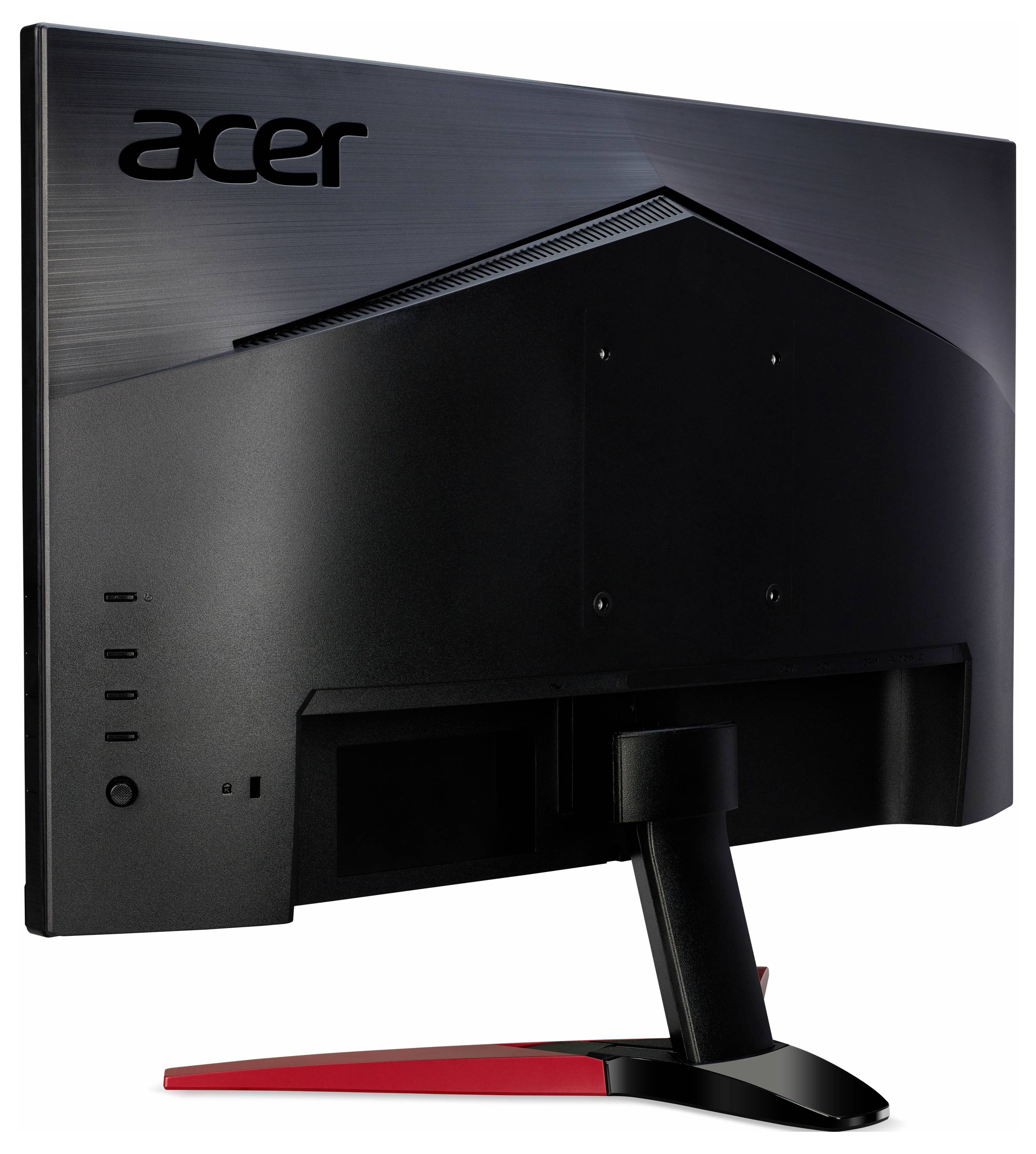 Ein Computer-Monitor in schwarzem Design mit rotem Standfuß, Marke Acer sichtbar auf der Rückseite, geeignet für Gaming-Setups.