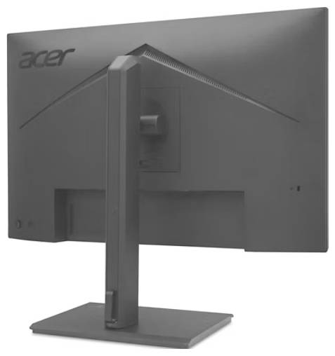 Ein Computerbildschirm von der Marke Acer, mit rechteckigem Standfuß und schlichtem Design, von hinten betrachtet.