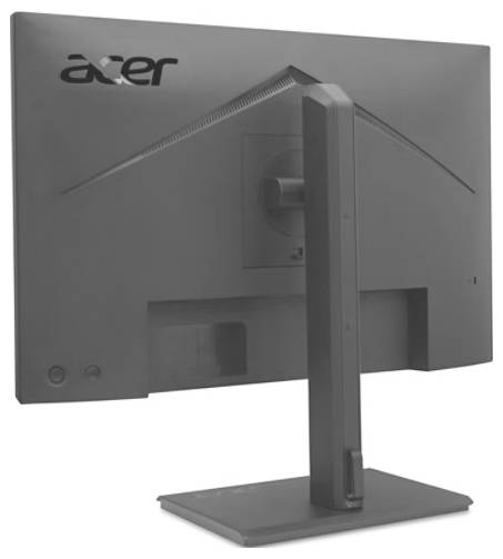 Ein Computermonitor der Marke Acer, dargestellt von hinten. Der Bildschirm ist auf einem stabilen Standfuß montiert.