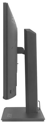 Ein schmaler Computerbildschirm von der Seite gesehen, mit schlankem Design und rechteckigem Standfuß auf einer ebenen Fläche.