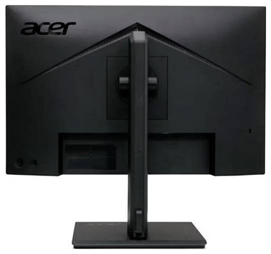 Ein schwarzer Acer-Monitor von hinten, zeigt den Standfuß und das Firmenlogo oben links.