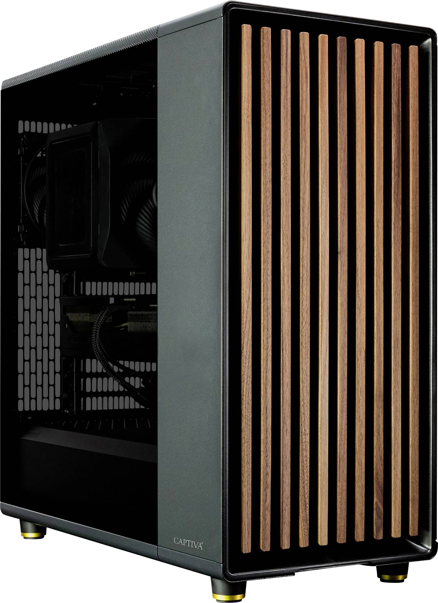 Ein moderner schwarzer Computergehäuse mit einer markanten Front aus vertikalen Holzlamellen, zeigt den Innenblick auf technische Komponenten.