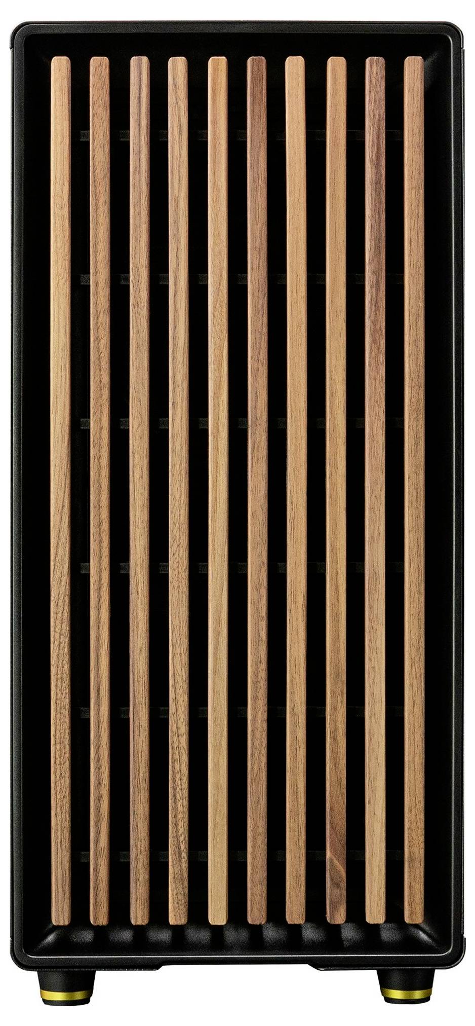 Ein rechteckiger, schwarzer Turmventilator mit vertikalen, hölzernen Lamellen an der Vorderseite.