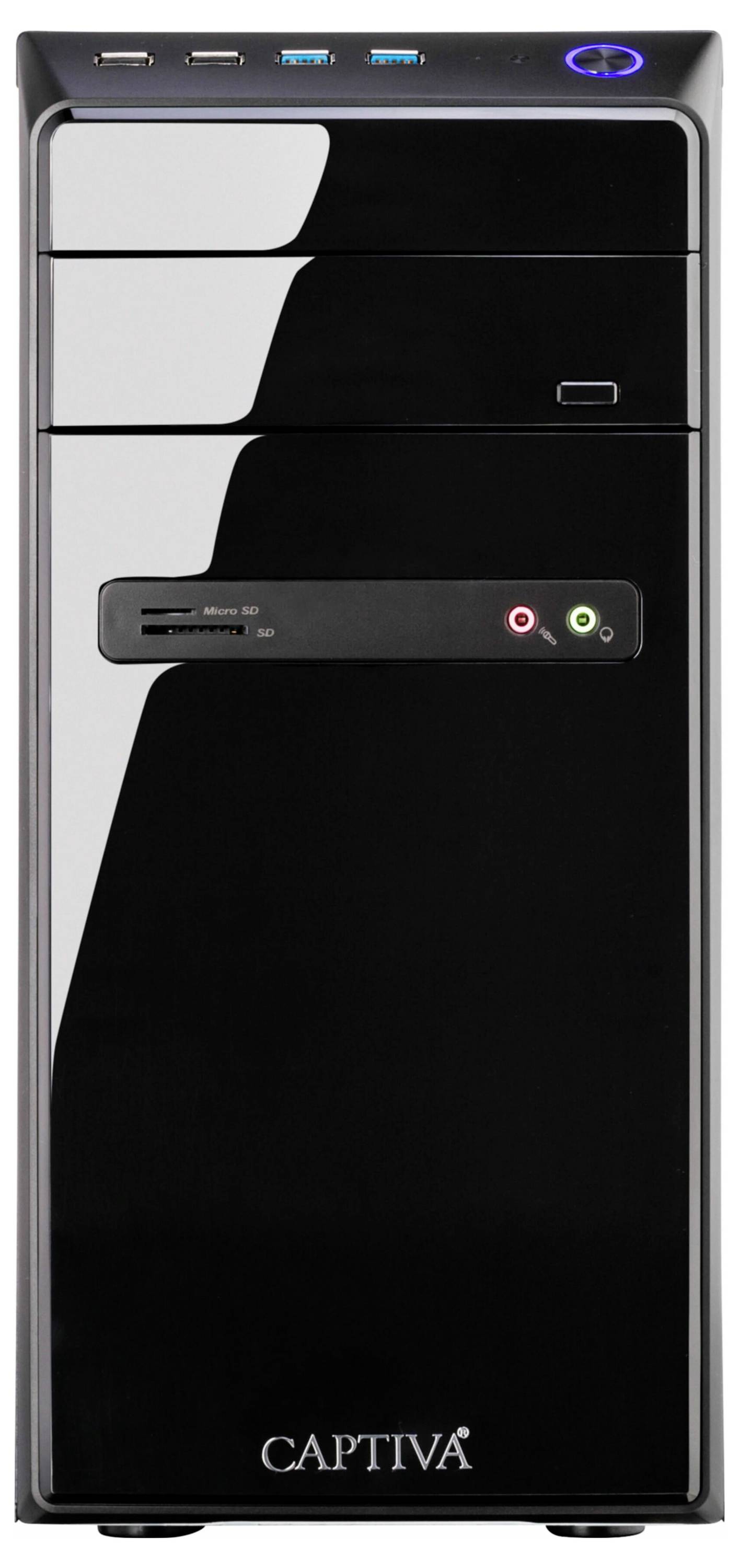 Ein schwarzes PC-Gehäuse mit USB-Anschlüssen und Audioanschlüssen an der Vorderseite. Oben steht der Markenname 'CAPTIVA'.