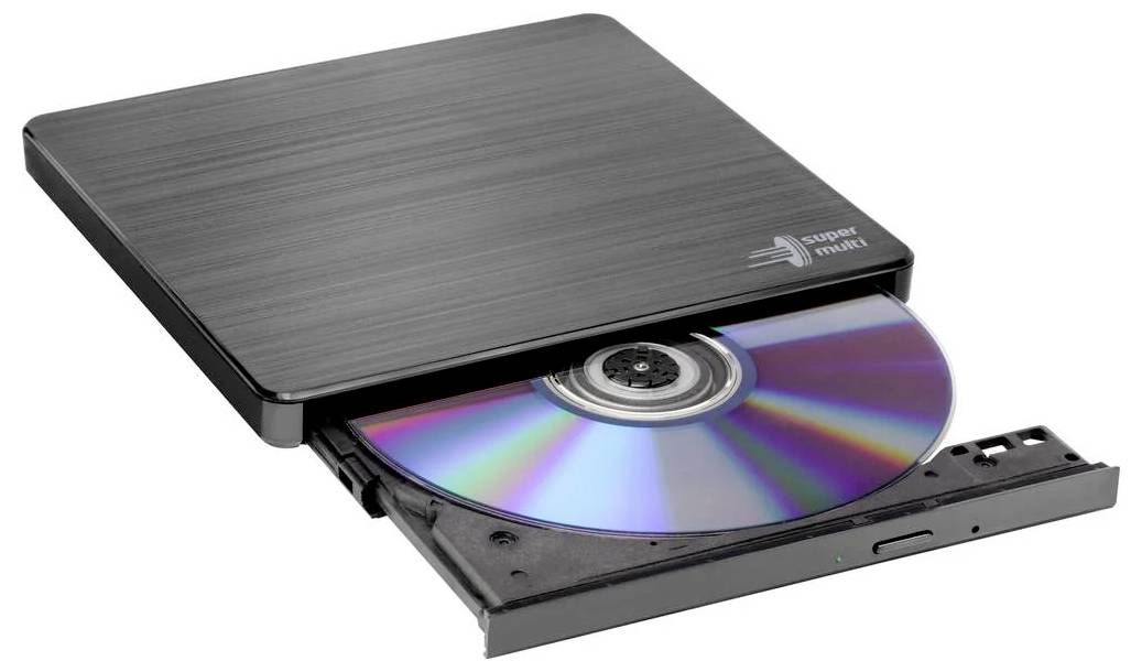 Externes DVD-Laufwerk mit einem offenen Laufwerkschacht, in dem eine Disc liegt, mit der Markenbezeichnung Super Multi.