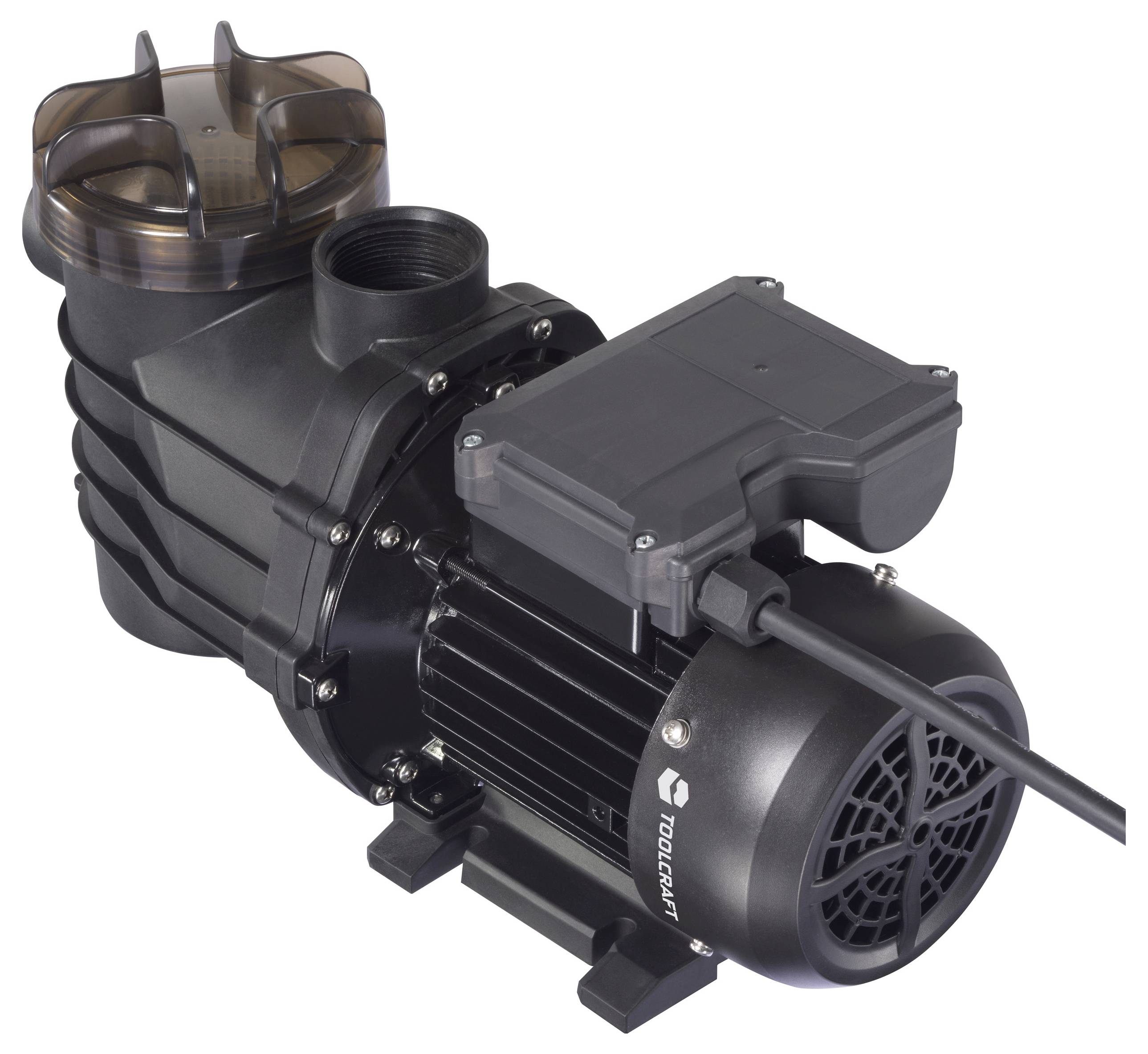 Schwarze Wasserpumpe mit transparenter Abdeckung, seitlich von links nach rechts. Kabel ragt nach rechts. Starkes, robustes Design.