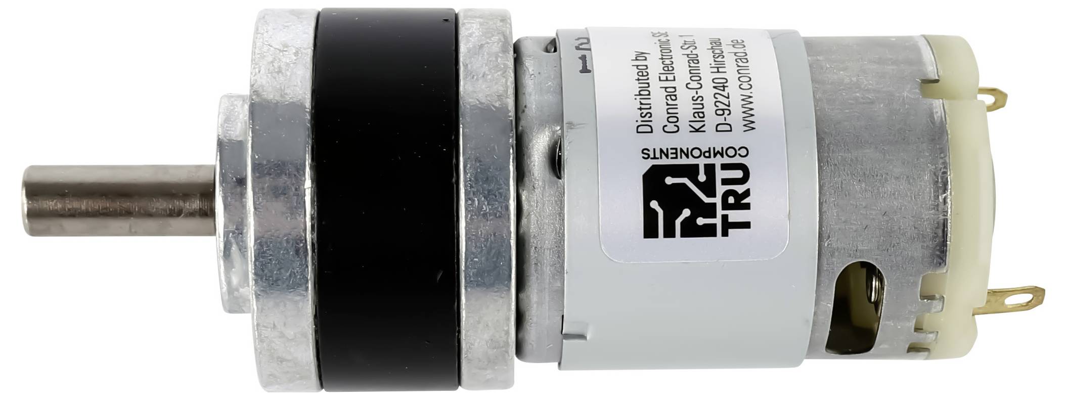 Ein kleiner Elektromotor mit Zahnrädern und Metallgehäuse, gekennzeichnet mit TRU Components, vertrieben von Conrad Electronics, Deutschland.