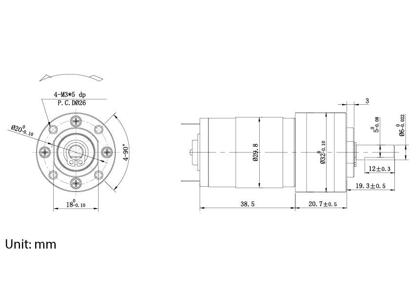 Technische Zeichnung eines mechanischen Bauteils mit Maßangaben: Frontansicht mit Befestigungslöchern, Seitenansicht mit Angabe von Durchmesser und Länge. Einheit: mm.