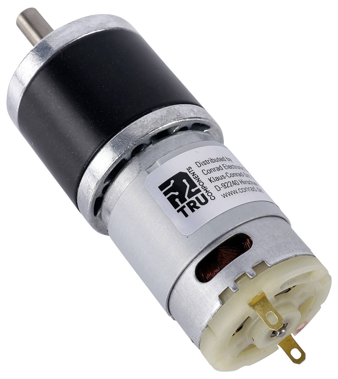 Ein kleiner Gleichstrommotor mit Metallgetriebe und Befestigungshalterung, gekennzeichnet mit technischen Spezifikationen.