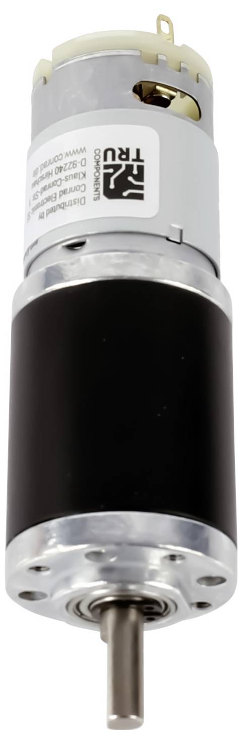 Ein kleiner elektrischer Motor mit Metallgehäuse und Kunststoffteilen, ausgestattet mit einem Getriebe, mit zylindrischer Körperform und herausragendem Antriebswellenstift, der in der Robotik oder Maschinenbau zum Einsatz kommt.